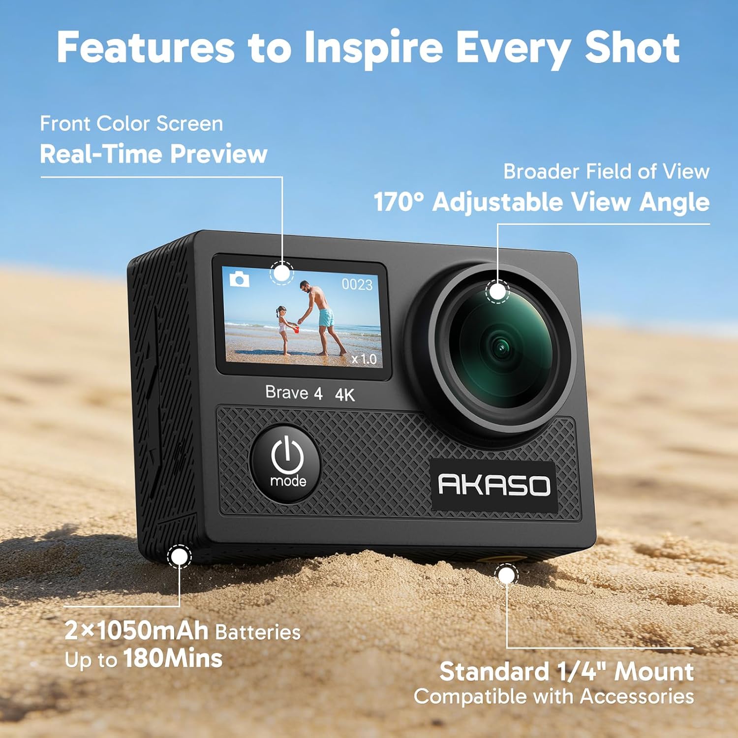 AKASO Brave 4 Action Camera 4K 30fps Ultra Hd Video 20MP Photo, EIS, WiFi Remote Control, 2X Batteries, Waterproof Underwater Camera for Snorkel, Travel, Motorcycle, Bicycle, Helmet Accessories Kit - Image 7