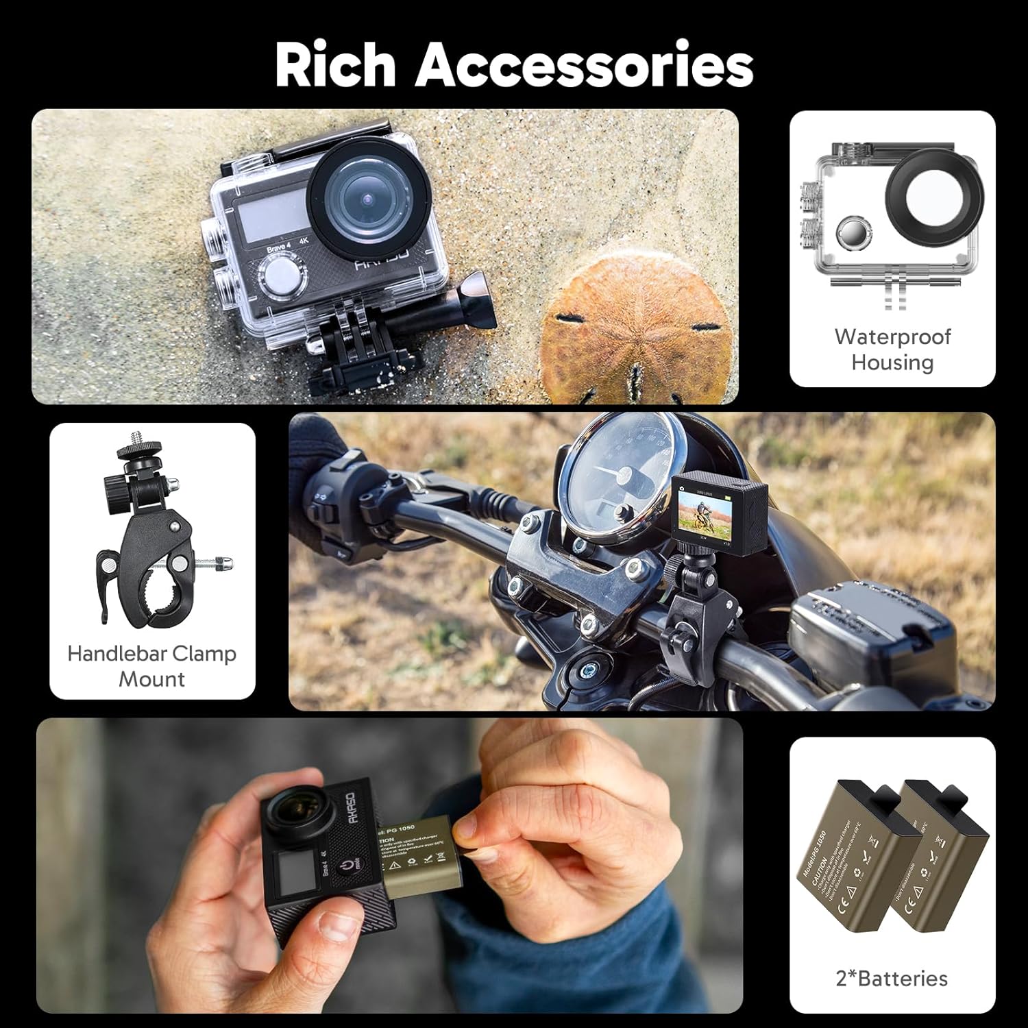 AKASO Brave 4 Action Camera 4K 30fps Ultra Hd Video 20MP Photo, EIS, WiFi Remote Control, 2X Batteries, Waterproof Underwater Camera for Snorkel, Travel, Motorcycle, Bicycle, Helmet Accessories Kit - Image 8