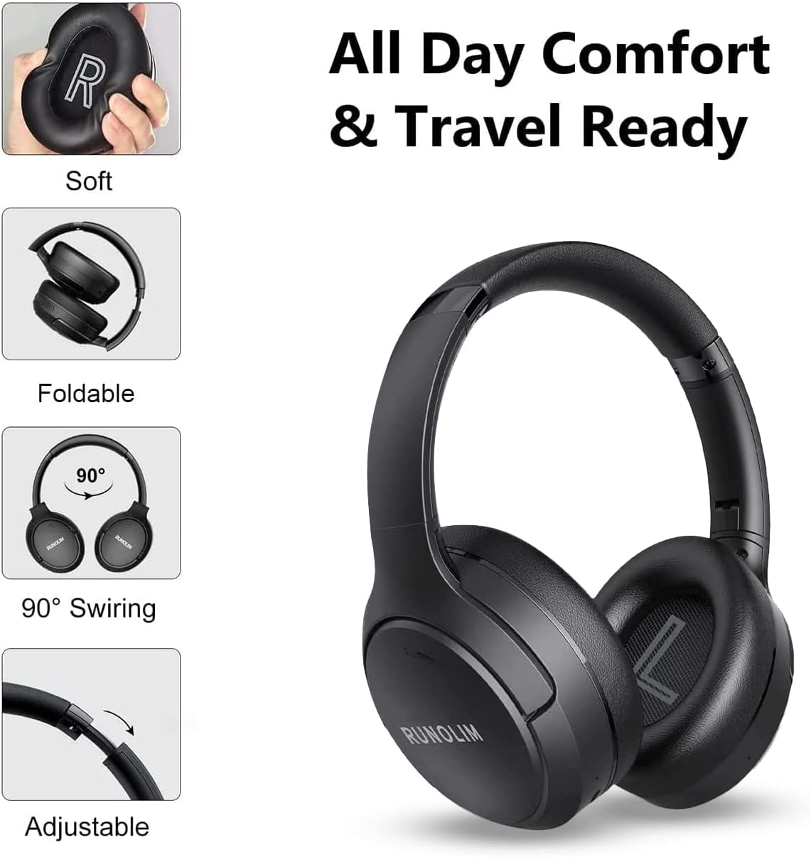 RUNOLIM Hybrid Active Noise Cancelling Headphones, Wireless Over Ear Bluetooth Headphones with Microphone, 70H Playtime, Foldable Headphone with HiFi Audio, Deep Bass for Home Travel Office - Image 4