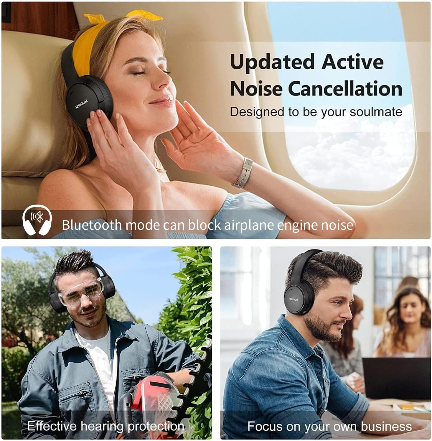 RUNOLIM Hybrid Active Noise Cancelling Headphones, Wireless Over Ear Bluetooth Headphones with Microphone, 70H Playtime, Foldable Headphone with HiFi Audio, Deep Bass for Home Travel Office - Image 5