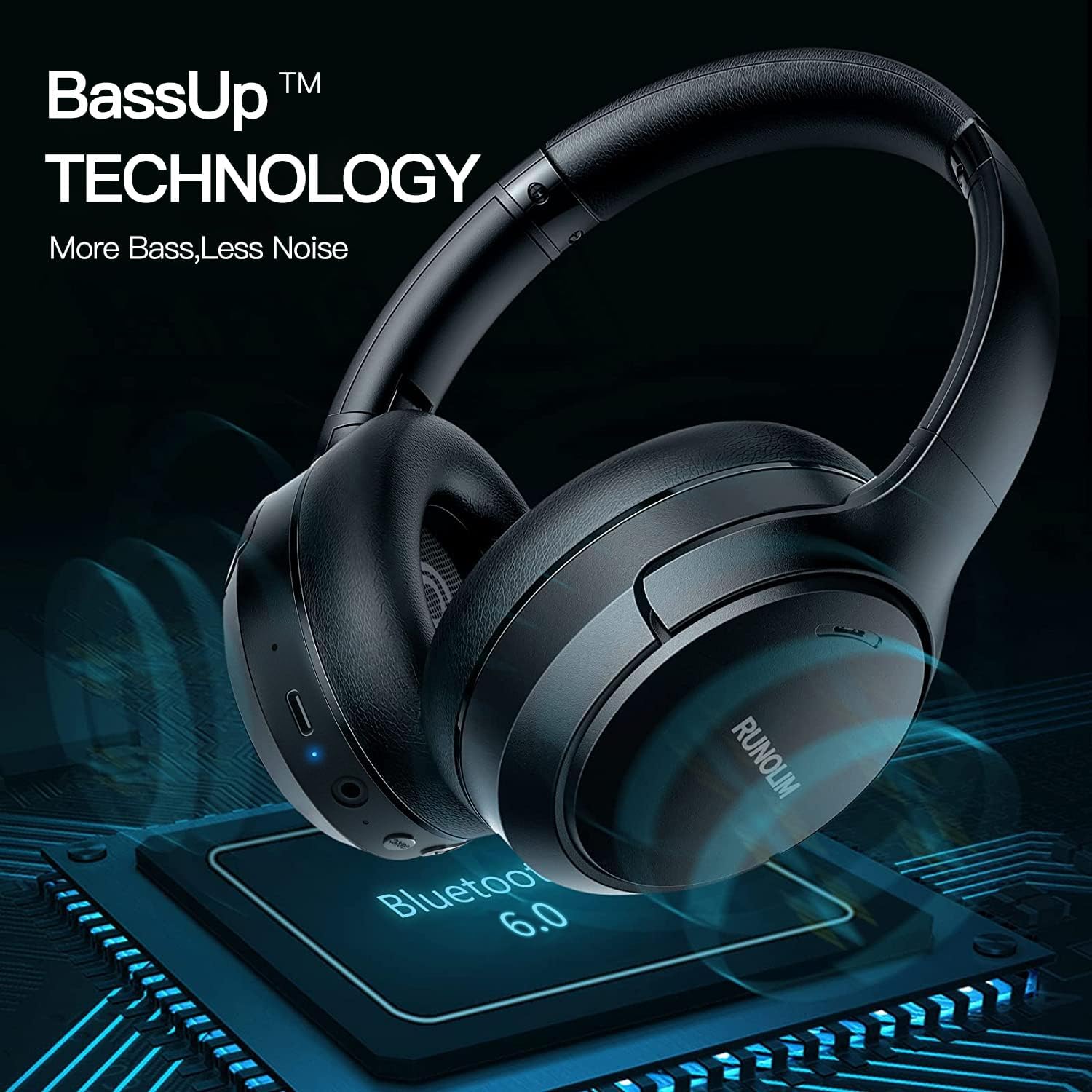 RUNOLIM Hybrid Active Noise Cancelling Headphones, Wireless Over Ear Bluetooth Headphones with Microphone, 70H Playtime, Foldable Headphone with HiFi Audio, Deep Bass for Home Travel Office - Image 6